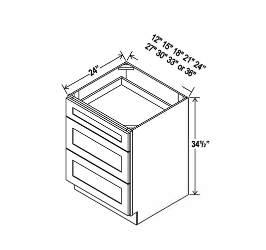 Clearance White Shaker Base Cabinets With 3 Drawers 12" - 36"