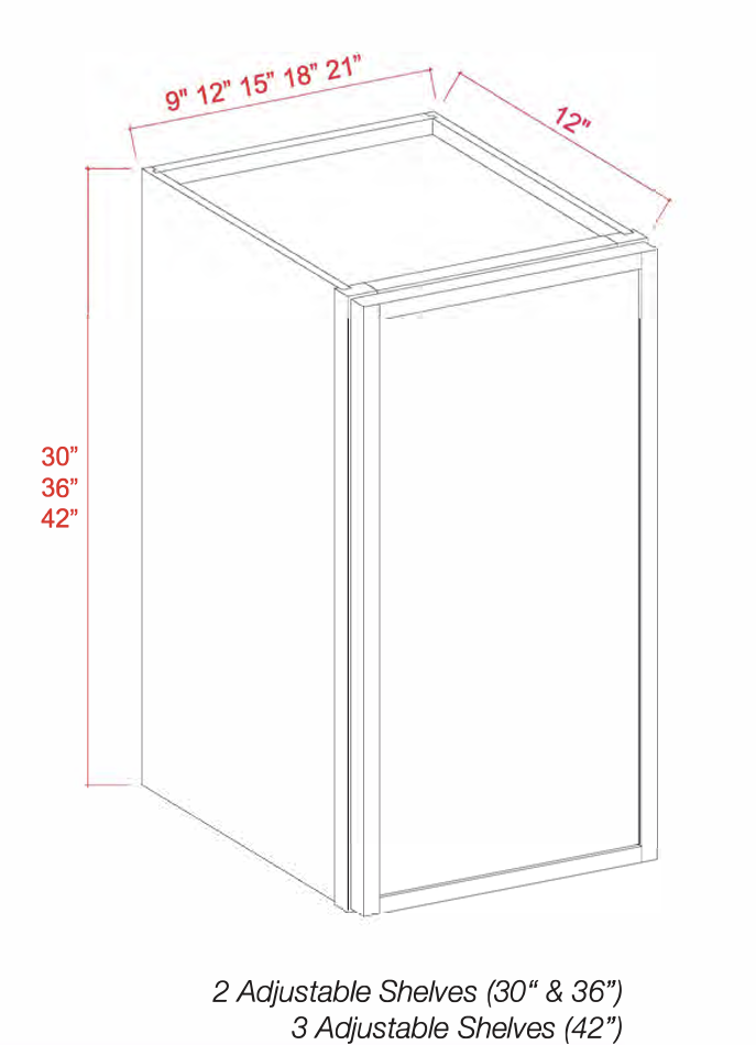 White Oak Slim Shaker Wall Cabinets 42" Tall - Single Door