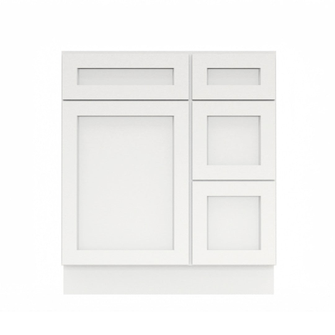 Clearance White Shaker Vanity Sink Base 30"-36" Wide With Three Drawers On Side