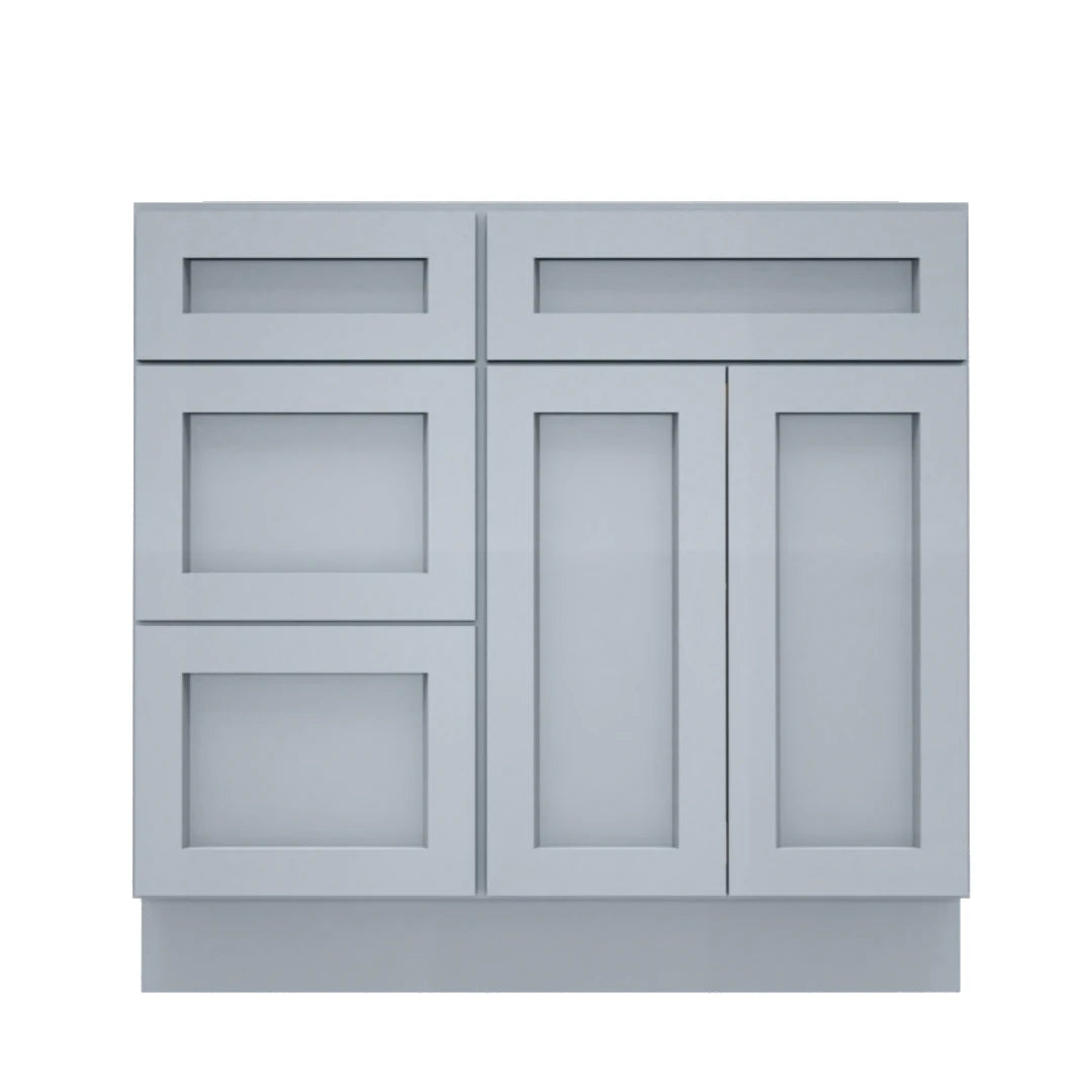 Clearance Gray Shaker Vanity Sink Base 30"-36" Wide With Three Drawers On Side