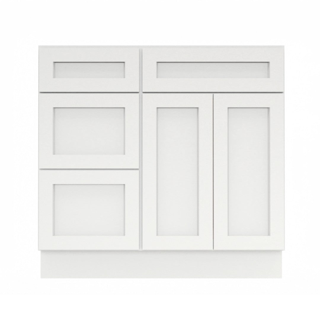 Clearance White Shaker Vanity Sink Base 30"-36" Wide With Three Drawers On Side