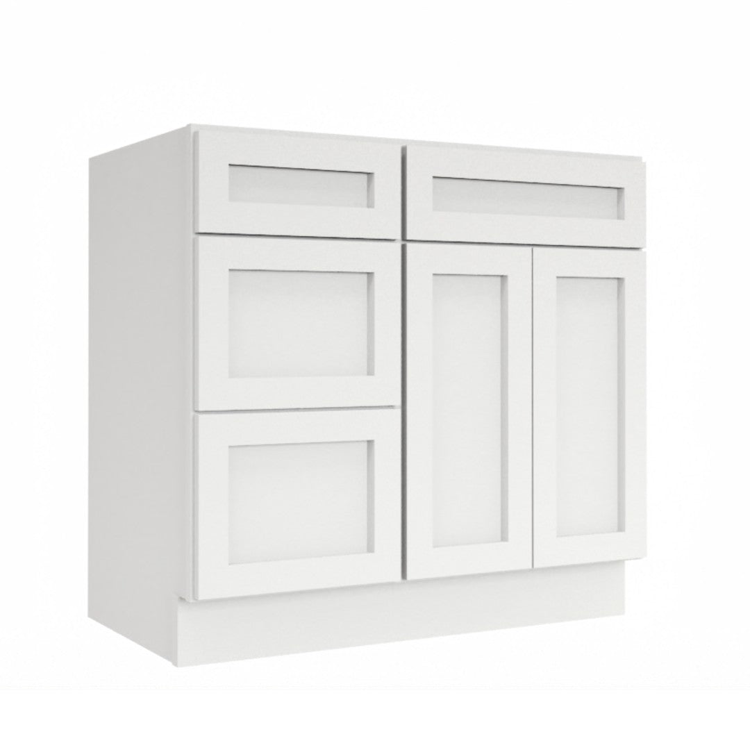Clearance White Shaker Vanity Sink Base 30"-36" Wide With Three Drawers On Side