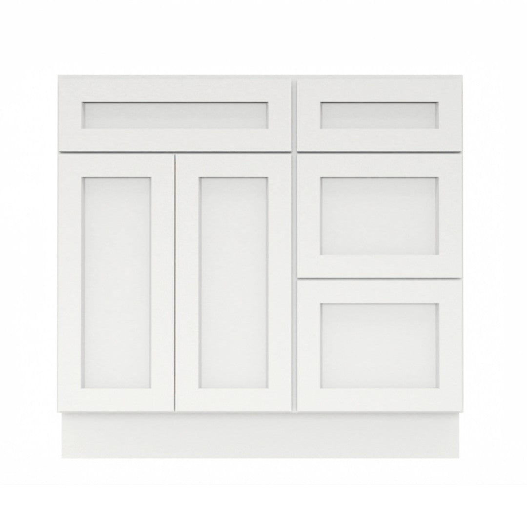 Clearance White Shaker Vanity Sink Base 30"-36" Wide With Three Drawers On Side