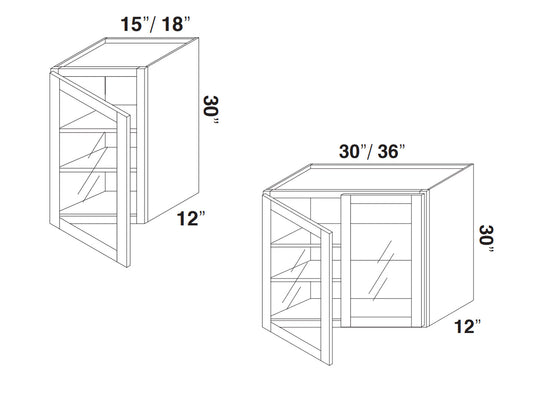 White Double Shaker Wall Cabinets With Glass - 30" Tall