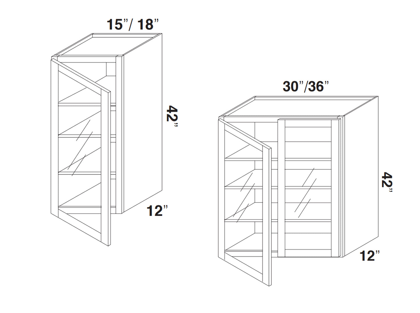 White Rift Oak Shaker Wall Cabinets With Glass - 42" Tall