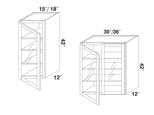 White Oak Slim Shaker Wall Cabinets With Glass - 42" Tall