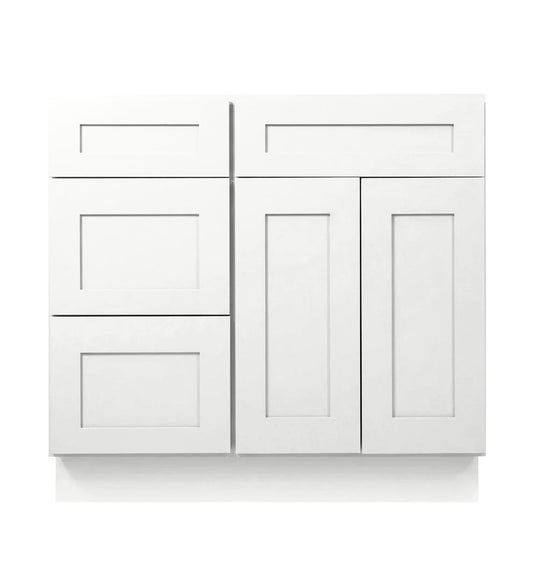 White Shaker Vanity Sink Base 30"-36" Wide With Three Drawers On Side