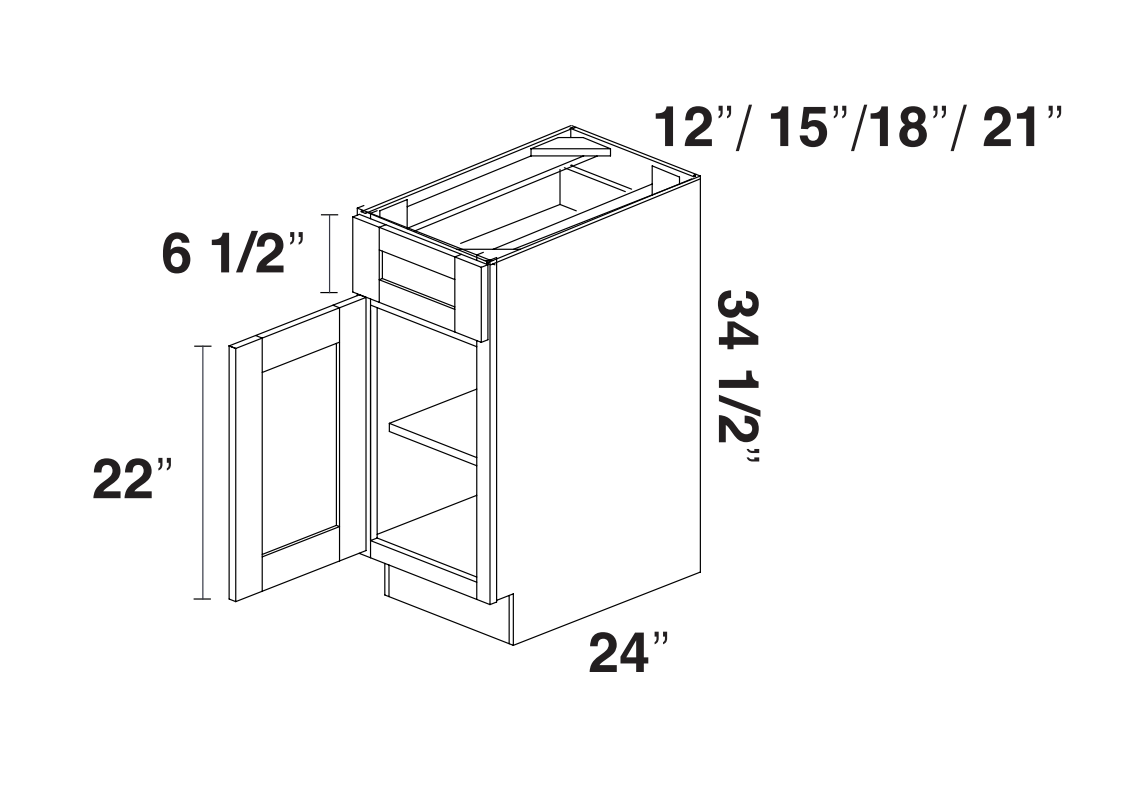 White Double Shaker Base cabinets 12" - 21" - One door / One drawer