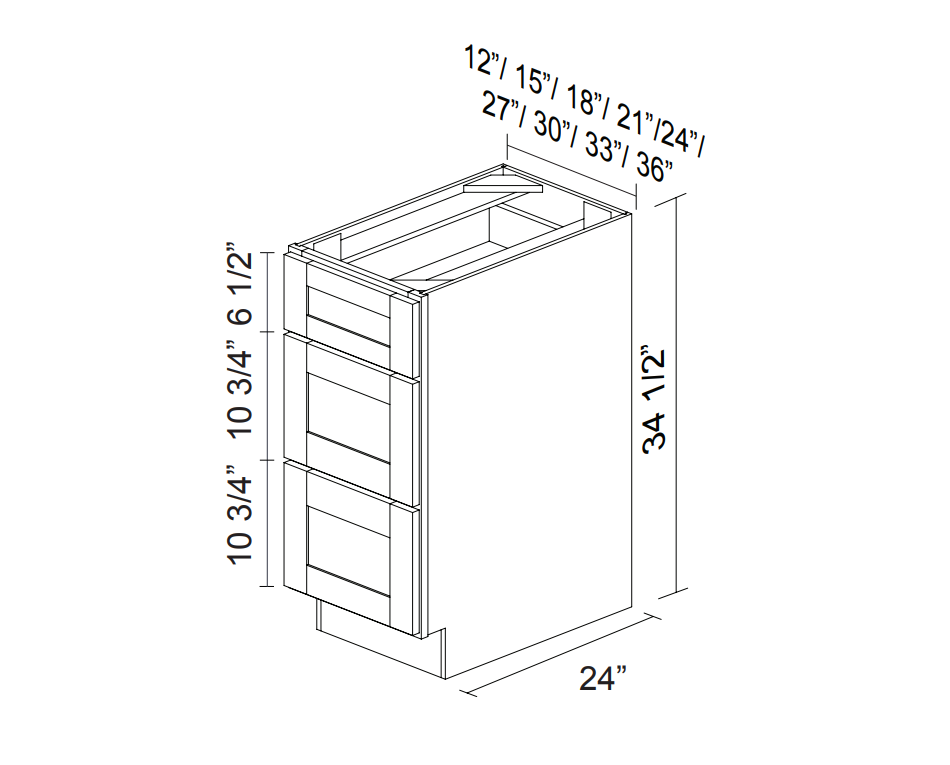 White Slim Shaker Base cabinets with 3 drawers 12" - 36"