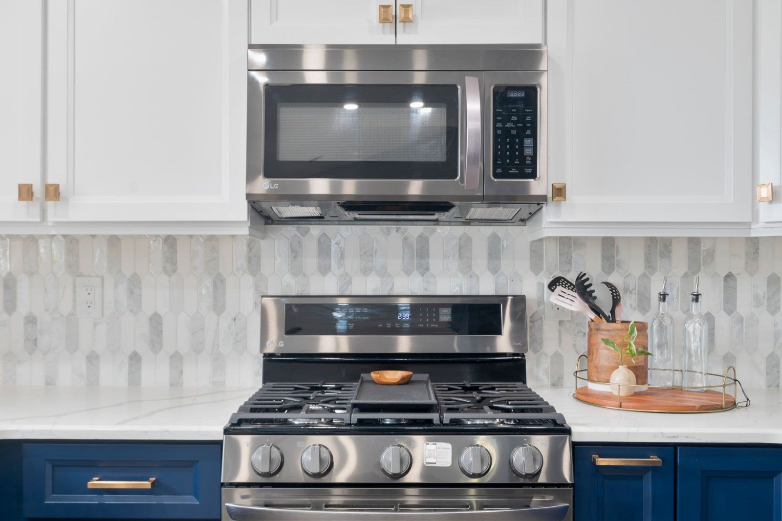 kitchen with white and blue modern beveled shaker cabinets