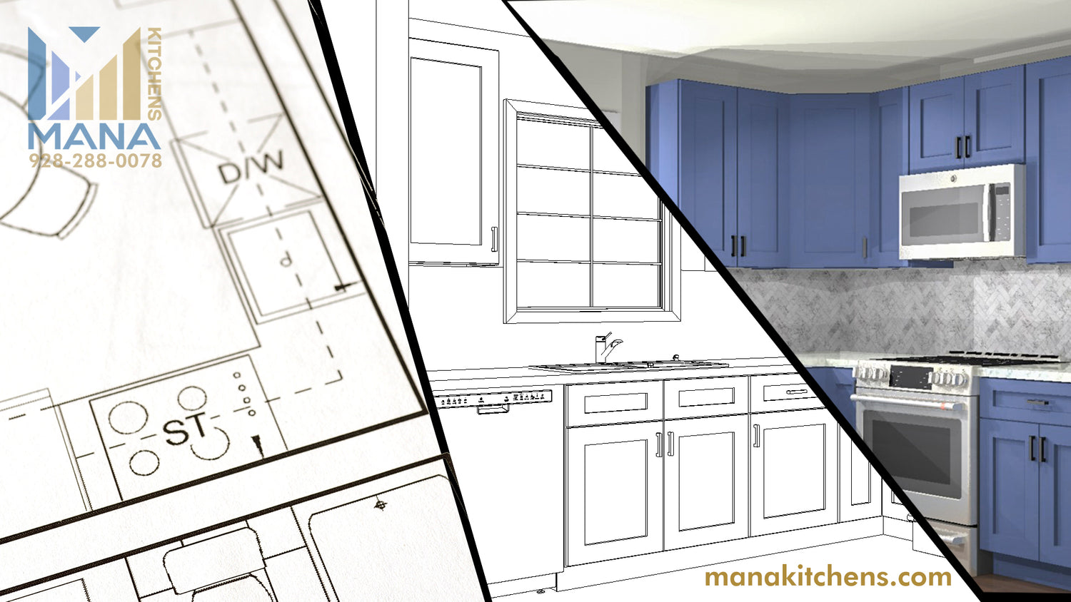 Clip art showing the simple process of getting the 3D design done by Mana Kitchens