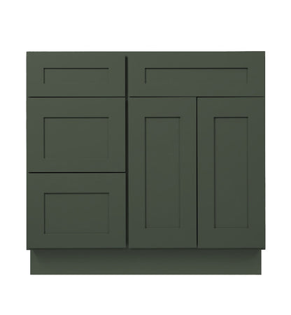 Forest Green Shaker Vanity Sink Base 30"-36" Wide With Three Drawers On Side