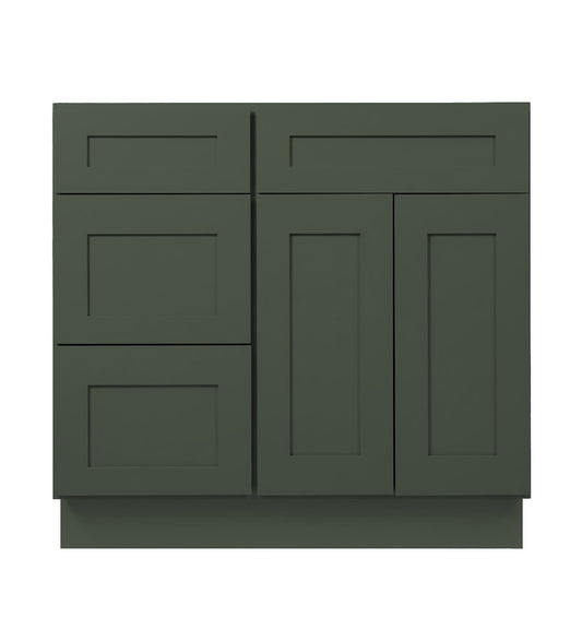 Forest Green Shaker Vanity Sink Base 30"-36" Wide With Three Drawers On Side