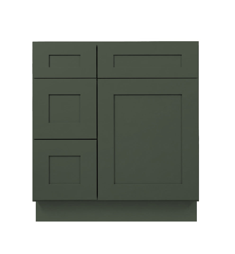 Forest Green Shaker Vanity Sink Base 30"-36" Wide With Three Drawers On Side