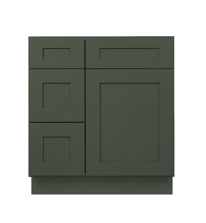 Forest Green Shaker Vanity Sink Base 30"-36" Wide With Three Drawers On Side