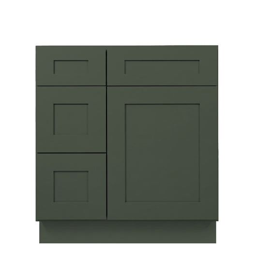 Forest Green Shaker Vanity Sink Base 30"-36" Wide With Three Drawers On Side