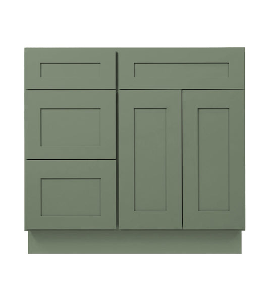 Sage Green Shaker Vanity Sink Base 30"-36" Wide With Three Drawers On Side