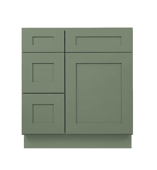 Sage Green Shaker Vanity Sink Base 30"-36" Wide With Three Drawers On Side