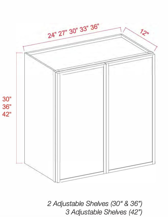 White Oak Slim Shaker Wall Cabinets 42" Tall - Double Door