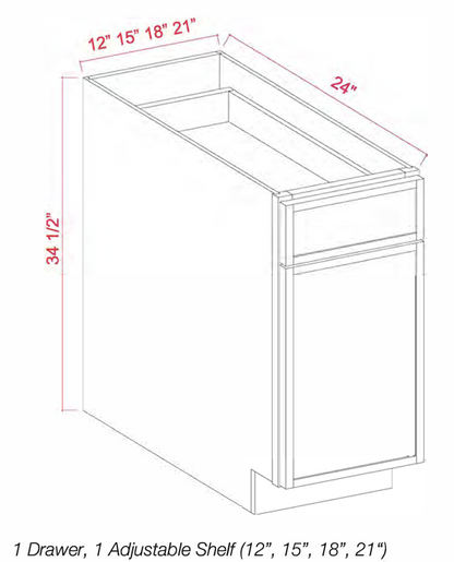 White Oak Slim Shaker Base Cabinets 12" - 21" - One door / One drawer