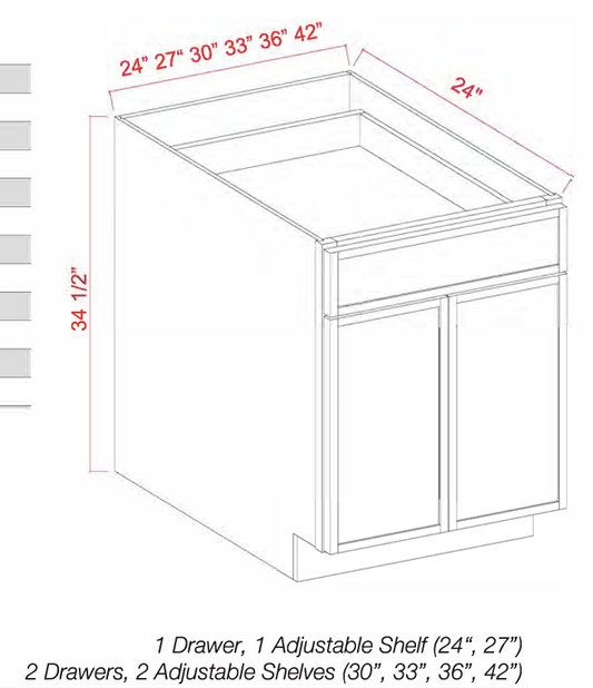Dove White Slim Shaker Base cabinet 30" - 42" - Two doors / Two drawers