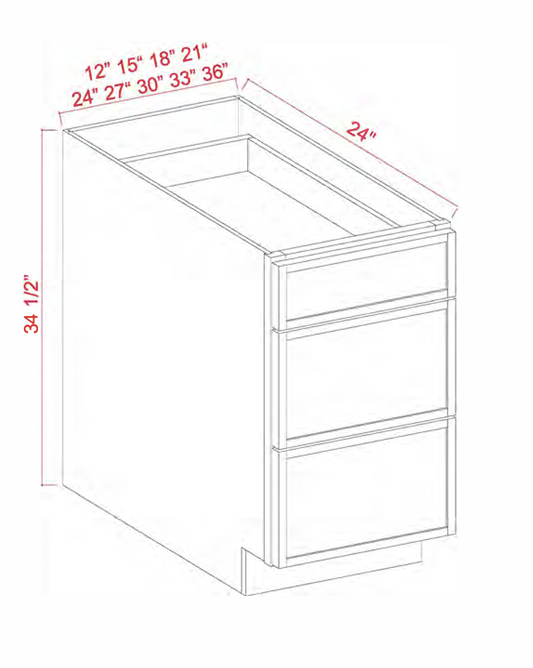 Dove White Slim Shaker Base Cabinets With 3 Drawers 12" - 36"