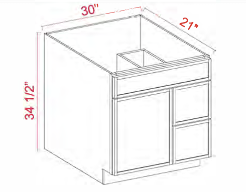 Dove White Slim Shaker Vanity Sink Base Wide With Two Drawers on Side