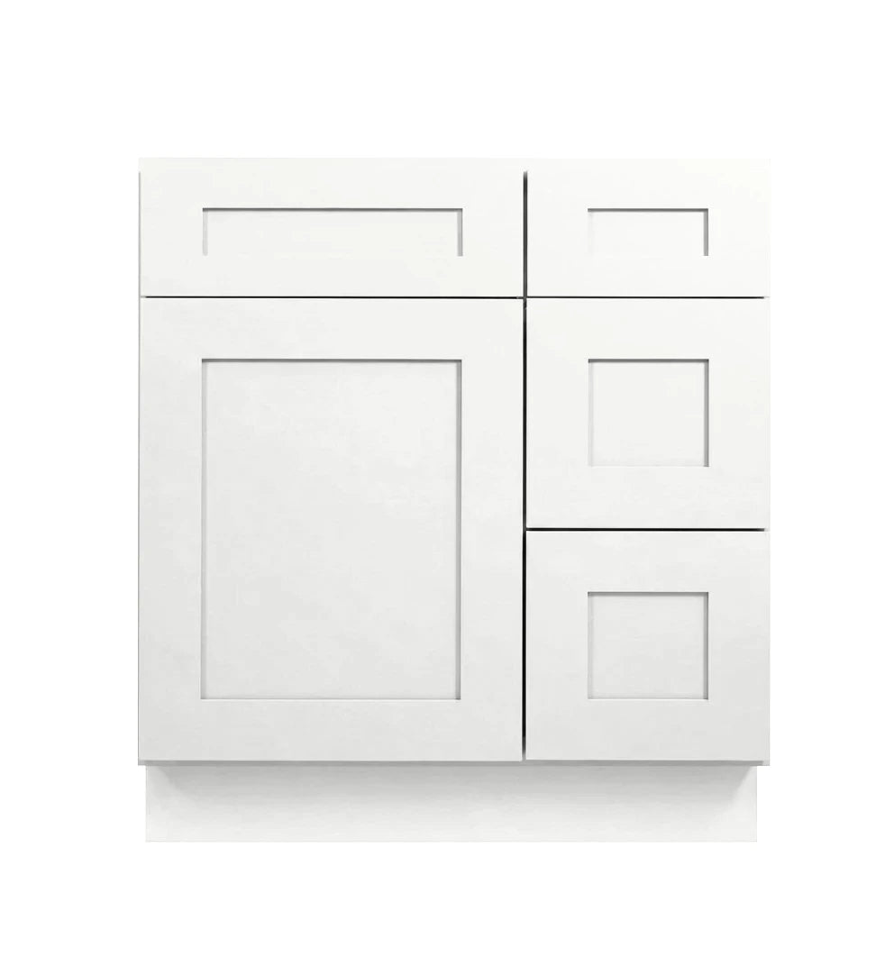 White Shaker Vanity Sink Base 30"-36" Wide With Three Drawers On Side