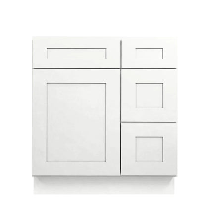 White Shaker Vanity Sink Base 30"-36" Wide With Three Drawers On Side