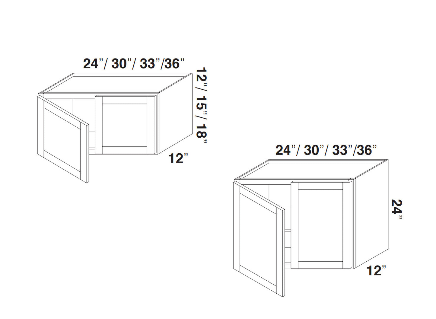 White Double Shaker Wall Bridge Cabinets 12" Deep, 12"-24" Tall