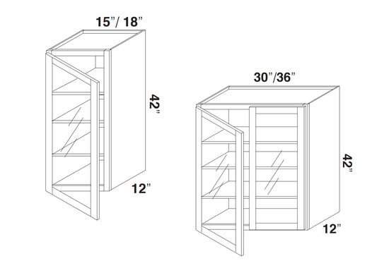 White Rift Oak Shaker Wall Cabinets With Glass - 42" Tall