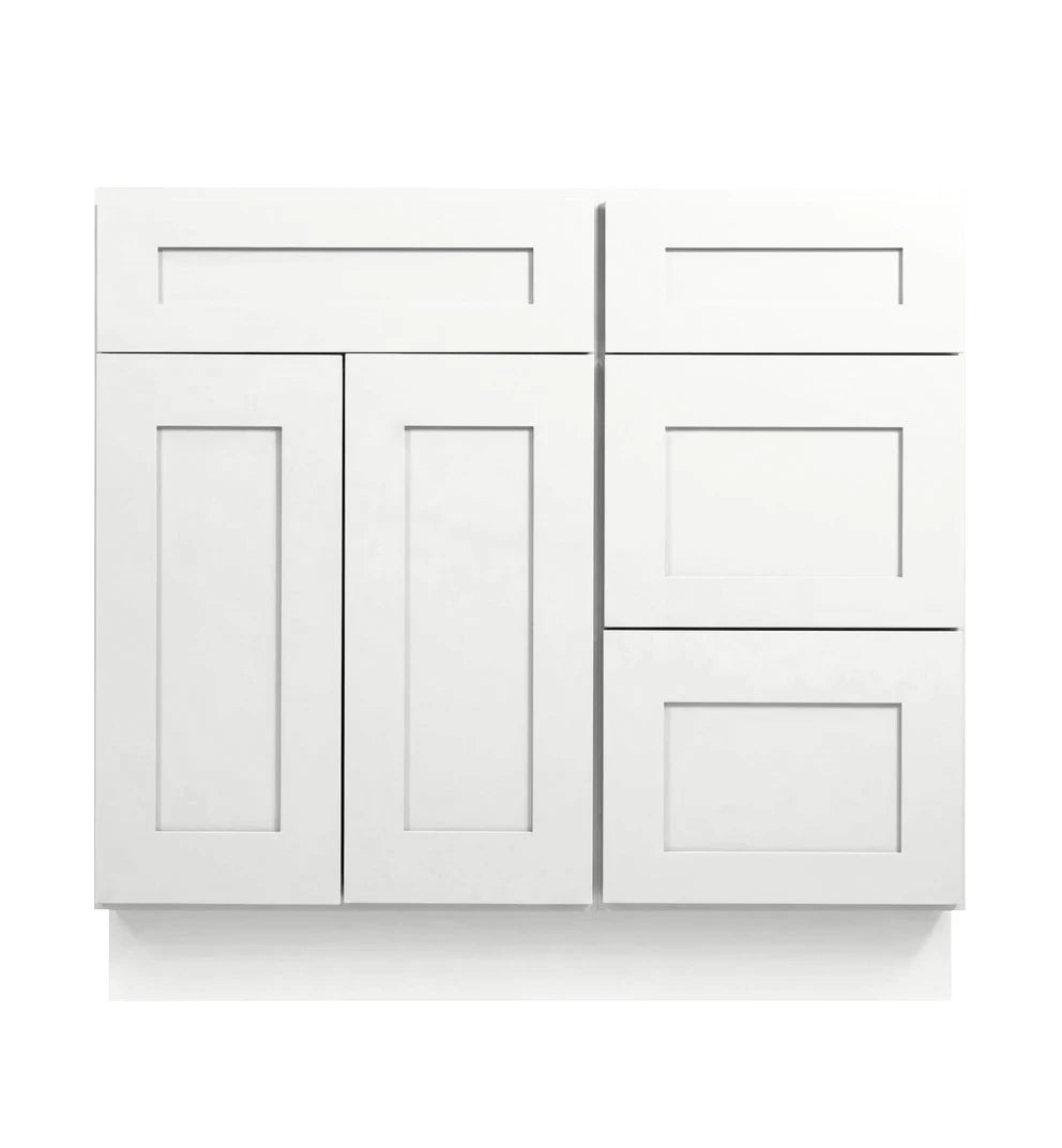 White Shaker Vanity Sink Base 30"-36" Wide With Three Drawers On Side
