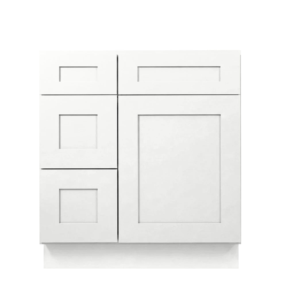 White Shaker Vanity Sink Base 30"-36" Wide With Three Drawers On Side