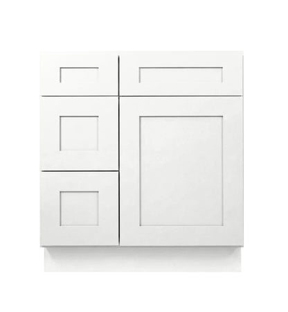 White Shaker Vanity Sink Base 30"-36" Wide With Three Drawers On Side