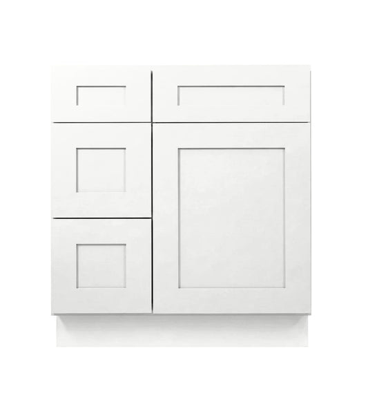 White Shaker Vanity Sink Base 30"-36" Wide With Three Drawers On Side