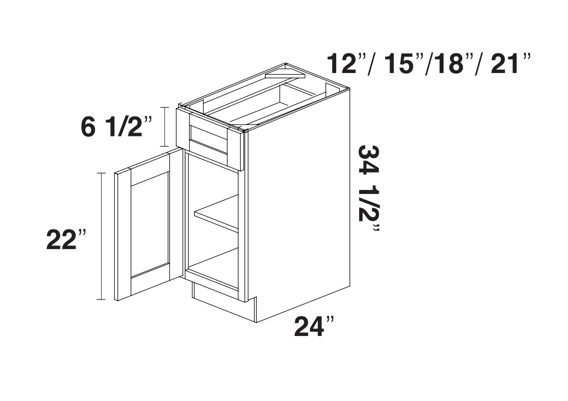 White Shaker Base cabinets 12" - 21" - One door / One drawer