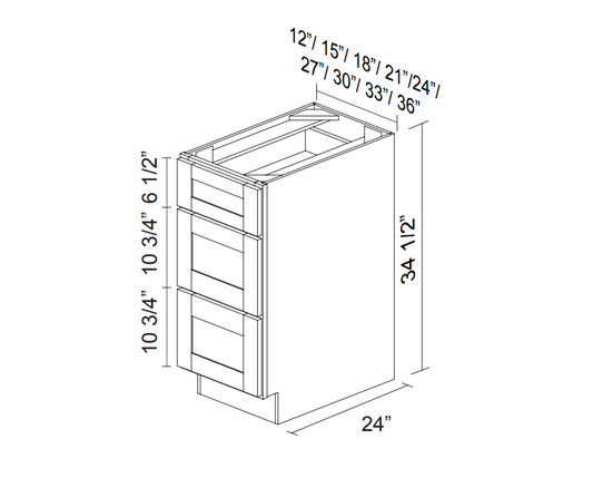 White Oak Slim Shaker Base cabinets with 3 drawers 12" - 36"