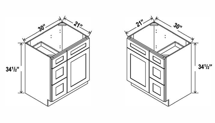 Charleston White Raised Panel Vanity Sink Base 30"-36" Wide With Three Drawers On Side