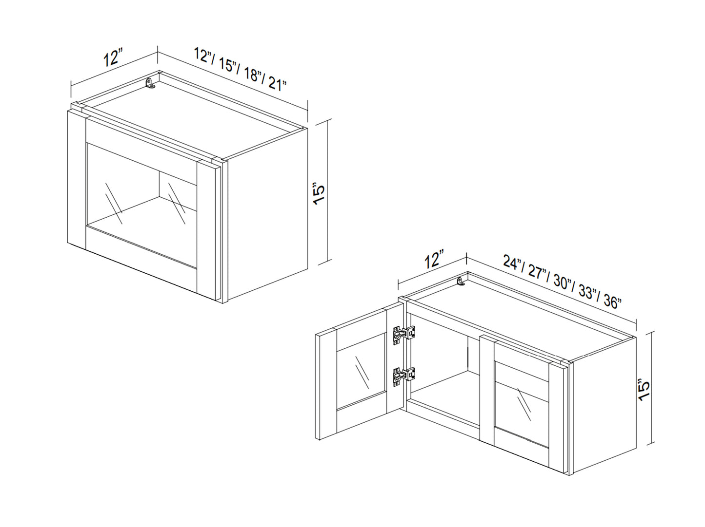 White Rift Oak Shaker Wall Bridge Cabinets With Glass 15" Tall