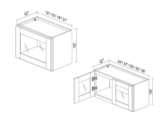 White Shaker Wall Bridge Cabinets With Glass 15" Tall